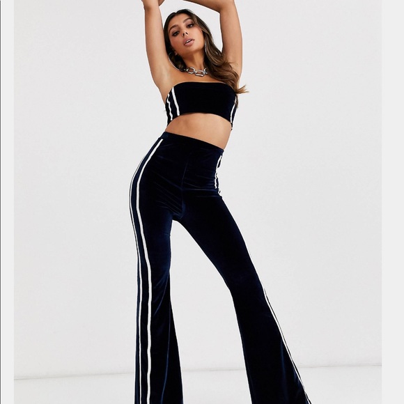 FASHIONKILLA Blue Velour Tube Top and High Waist Flare Pant with White Stripes - Picture 1 of 13